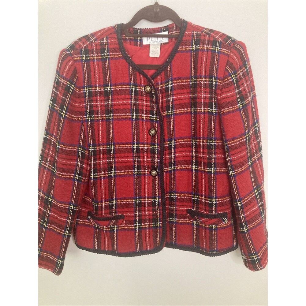 Petite Sophisticate Blazer Jacket Womens Size 14 Wool Blend Red Plaid Academia